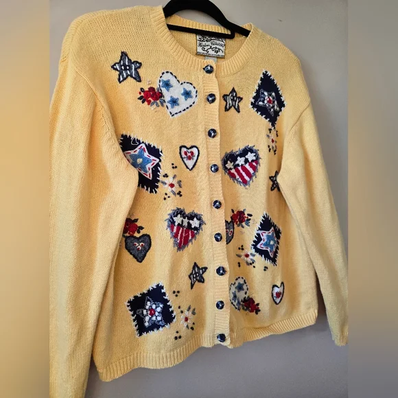 VTG Heirloom Collectibles Patriotic Americana Cardigan XL Yellow Embroidered - Picture 2 of 10